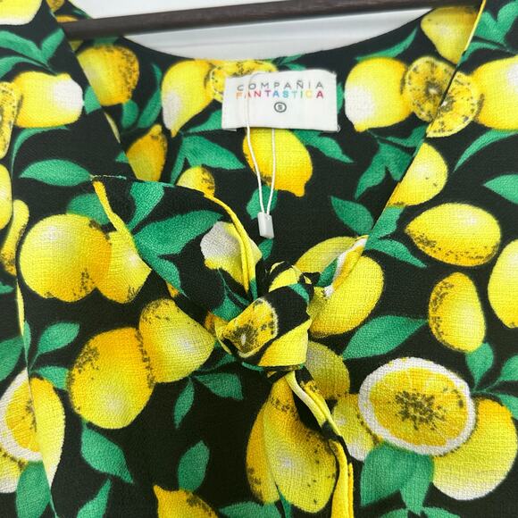 Compania Fantastica Mini Dress Size Small Lemons Sleeveless Tie Front Whimsical - Picture 3 of 6